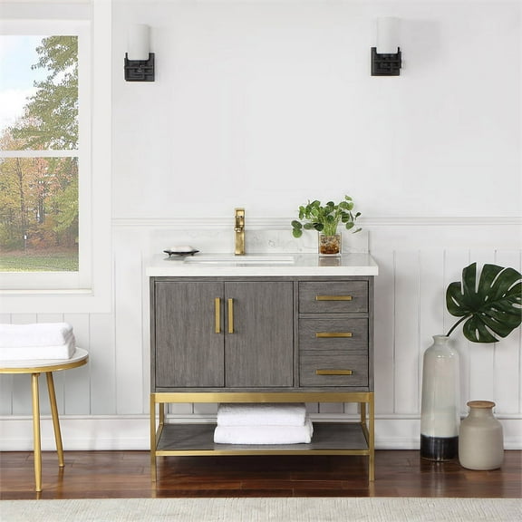 Wildy 36" Single Bathroom Vanity Set in Classical Grey with Grain White Composite Stone Countertop without Mirror