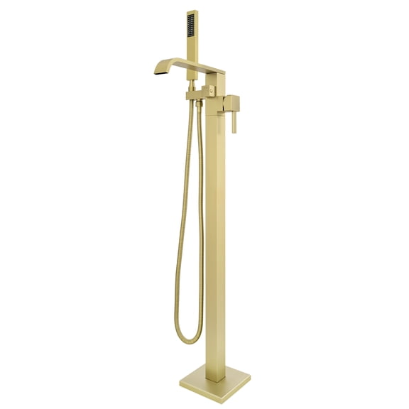 Free Standing Tub Faucet, High Flow Freestanding Bathtub Faucet with Waterfall Spout & Handheld Shower, 360°Swivel Tub Filler, Brass Body, Brushed Gold