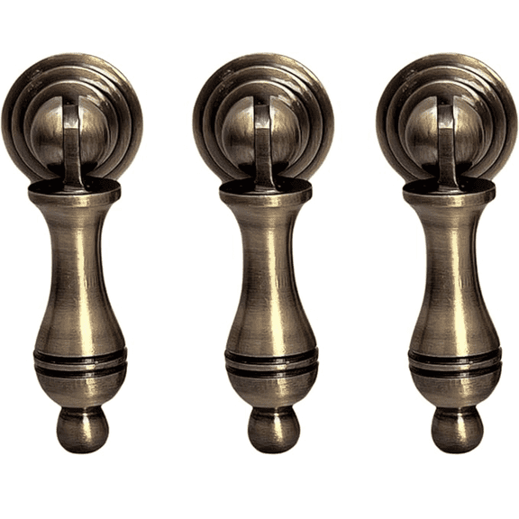 Antique Brass Single Drop Pull Knob for Furniture, Cabinet, Cupboard, Wardrobe - Vintage Modern Pendant Knob for Bedroom & Bathroom Cabinets (Drop Handle Set of 3)