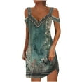 thumbnail image 2 of up to 60% off Gifts Usmixi Formal Dresses for Women Fashion Cold Shoulder Strap Tunic Tshirt Short Dresses V-Neck Short Sleeve Floral Print Summer Mini Dress Green s, 2 of 5