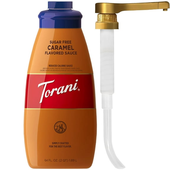 Torani Sugar Free Caramel BDF32 Sauce for Crafting Coffeehouse Drinks, Large Squeeze Bottle with Pump, 64 Fl Oz