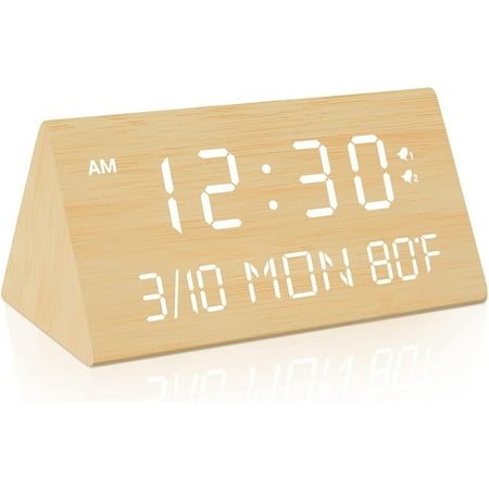 Wooden Digital Alarm Clock, 0-100% Dimmer, 2 Alarm Settings, Weekday/Everyday Mode, 9 Mins Snooze, 12/24H, Temperature and Date Display for Office, Travel, Bedroom Alarm Clock (Bamboo)