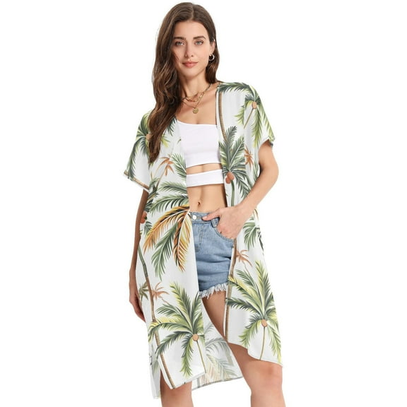 Beach Vacation Clothes Kimono Cardigan Loose Swimsuit Cover Up for Women Palm Tree Leaf S