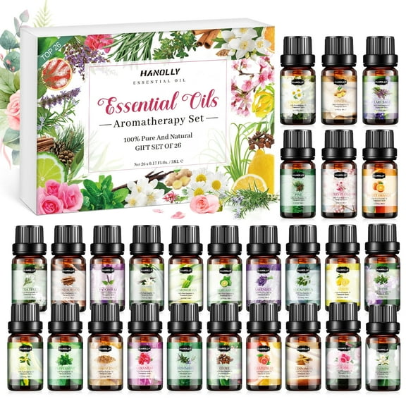Hanolly Floral Essential Oil Set - 26 x 5ml Undiluted Oils for Diffuser, Massage & Skin Care