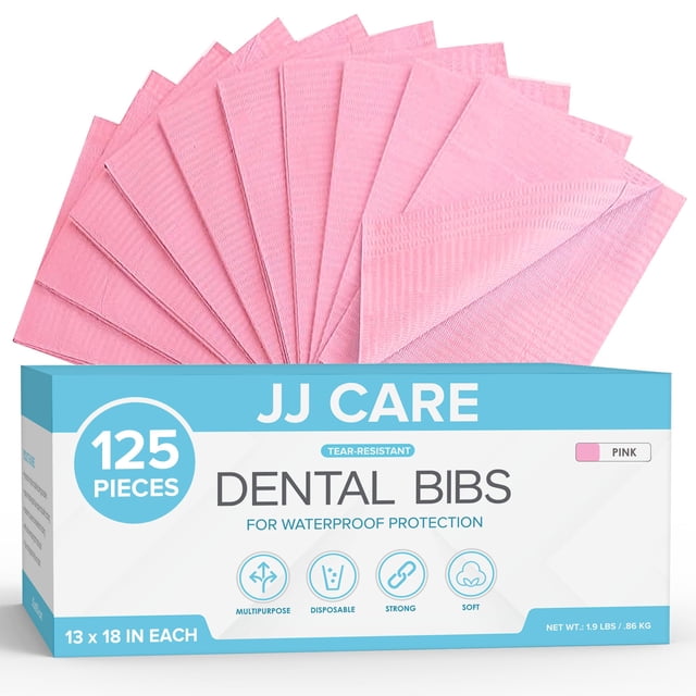 Baberos dentales JJ CARE, 125 unidades, impermeables, 3 capas, rosas, 13 x 18 cm