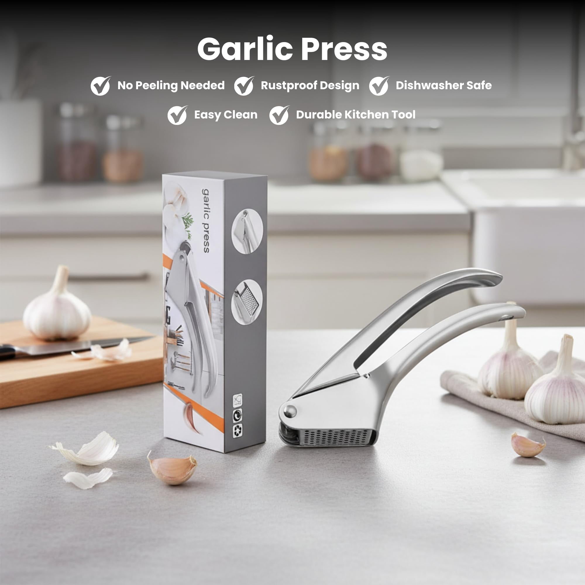 Garlic Press Stainless Steel - Heavy Duty No-peel & Mincer  High Capacity Chamber Rust-free 304 Easy Clean Dishwasher Safe Clove Hand