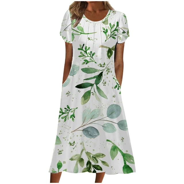 QIPOPIQ Robes pour Femmes avec Poches Manches Courtes Robes Décontractées Tendance Robe d'Été Aguichant Col Rond Robe à Imprimé Offres 2023