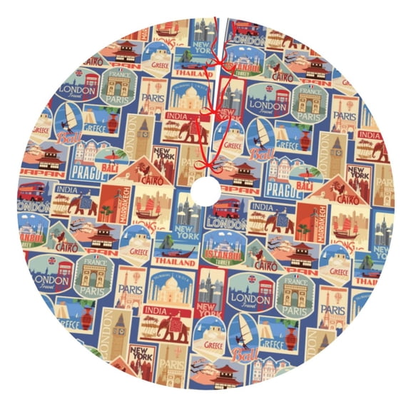 Rateoe Set Of Travel Vintage Print Christmas Tree Skirt 30" for Xmas Holiday New Year Party Circle Tree Mat Ornaments Decoration