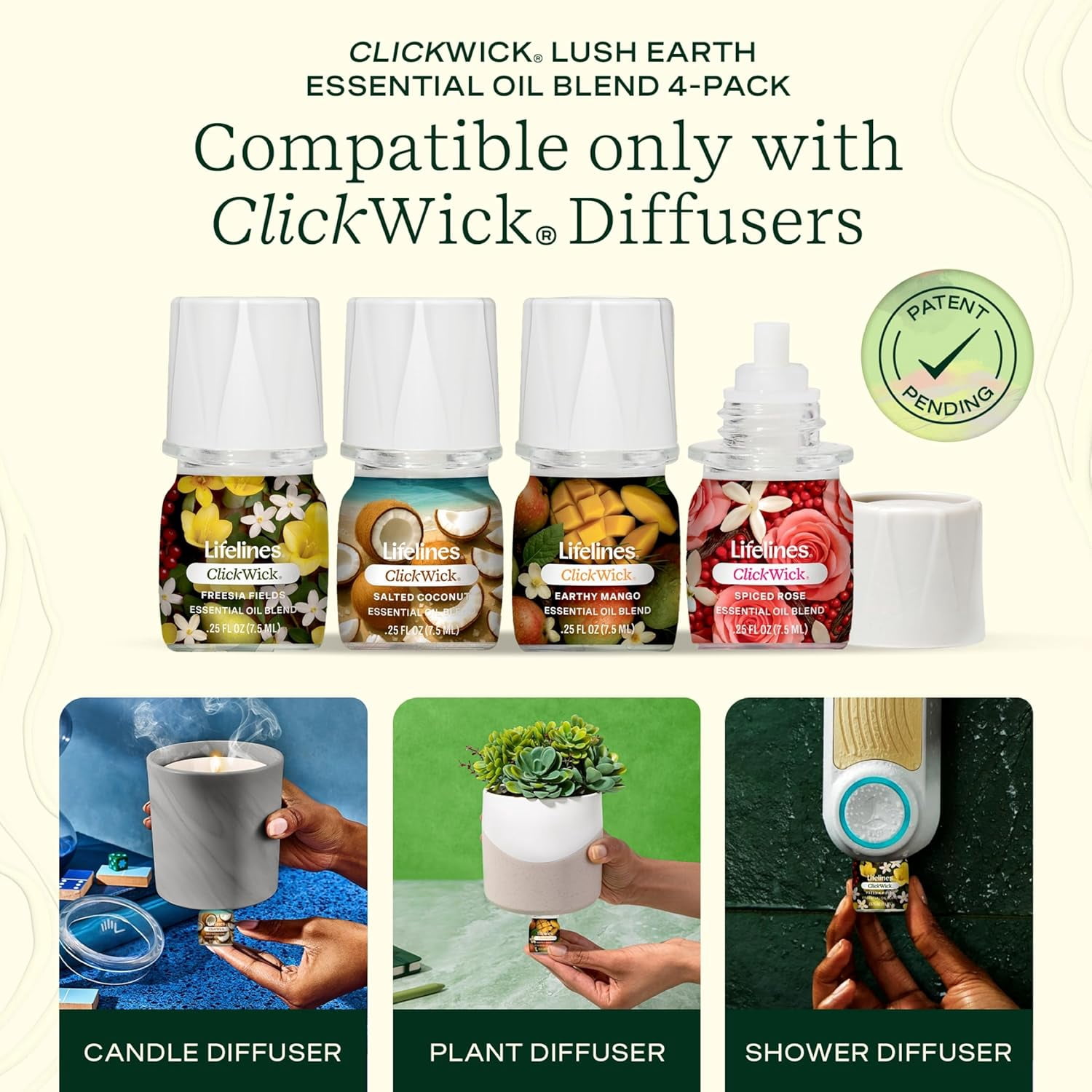 ClickWick Lush Earth Essential Oil Blend Collection, Long-Lasting Scented Fragrance for Aromatherapy, 4 Pack