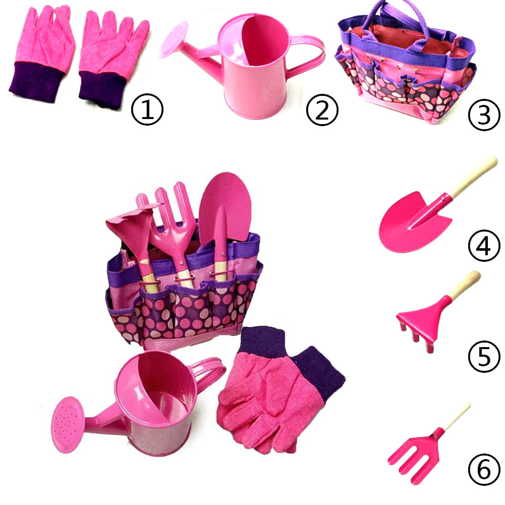 6PCS Kids Children Gardening Tools Set Wooden Planting Tool Gloves with Tote Bag 