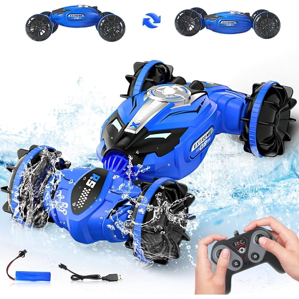 Carro de Control Remoto, 2.4GHz Vehículo Anfibio Teledirigido, Coche Control Remoto de Doble Cara, Recargable Carro Control Remoto para Niños,Azul