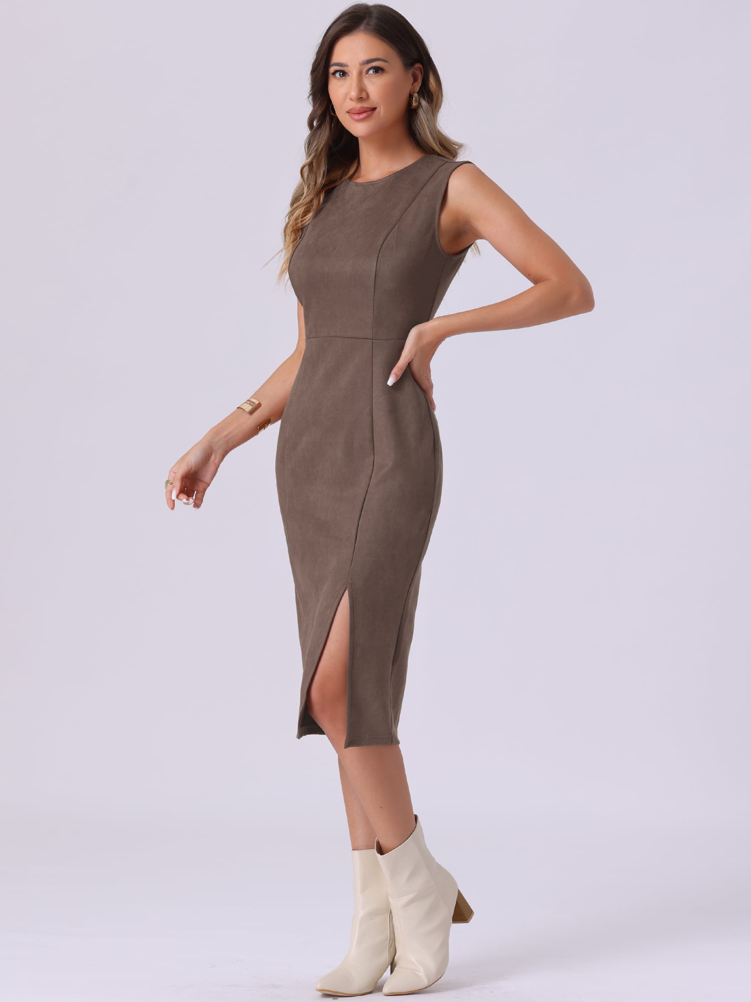 DARING DIVA Faux Suede Sleeveless Split Hem Dress Medium Coffee