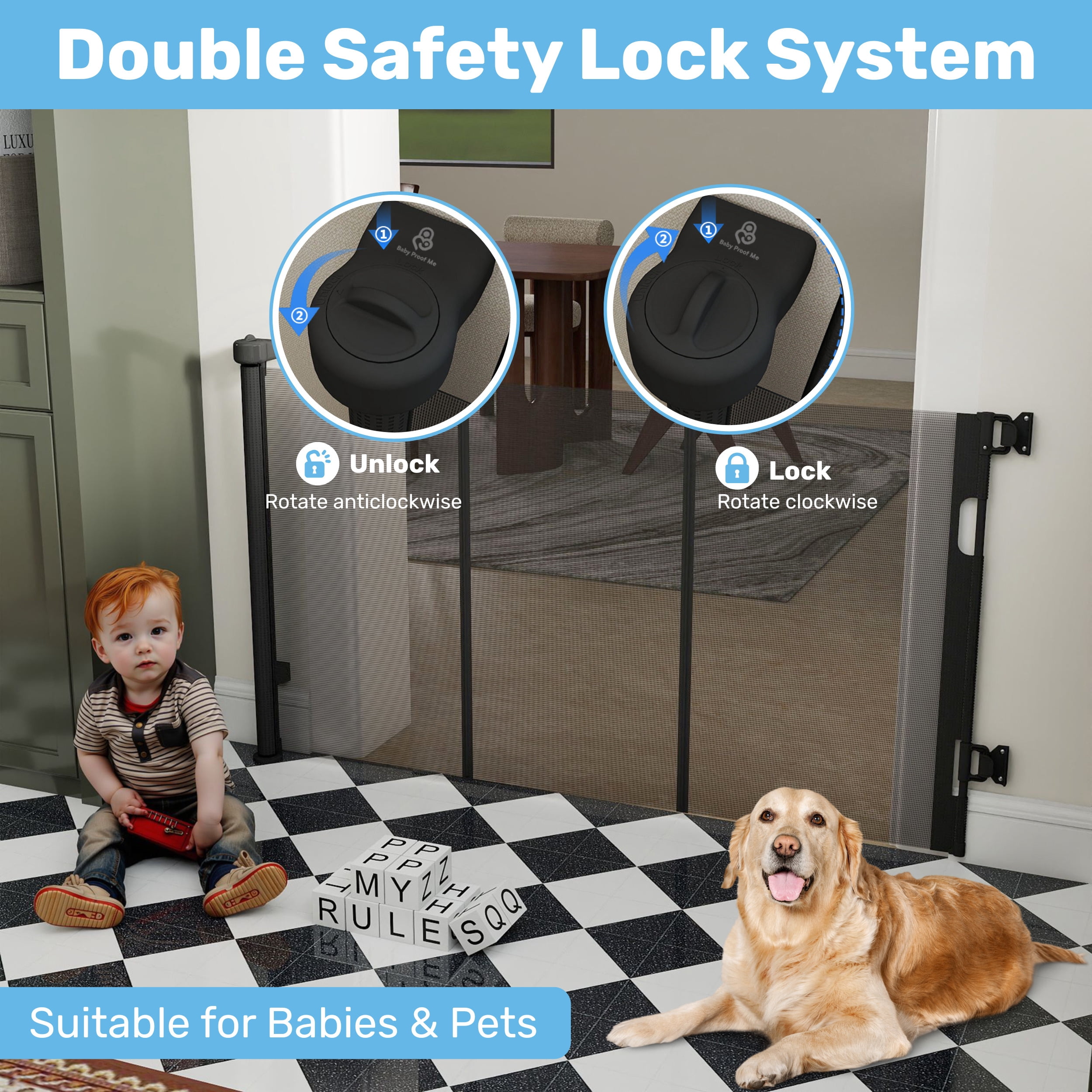 Baby Proof Me Retractable Baby Gate, Extra Wide Mesh Child Safety Gate, 34" Tall x 71" Wide, Black