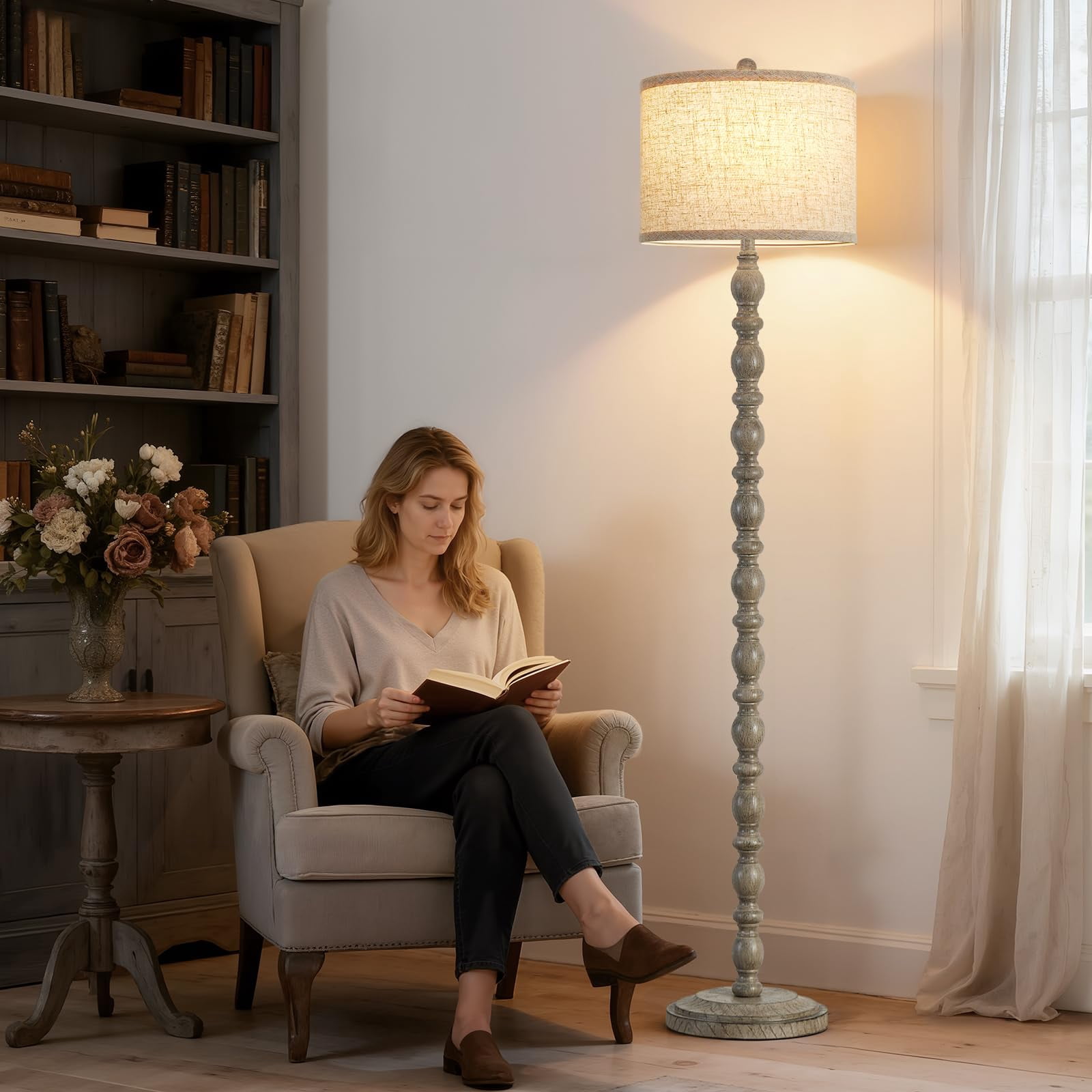 62" Floor Lamps For Living Room 3 Color Temperature Retro Standing Lamp  Vintage Farmhouse With Rotary Rustic Tall Bedroom Office Corner(light Gray)