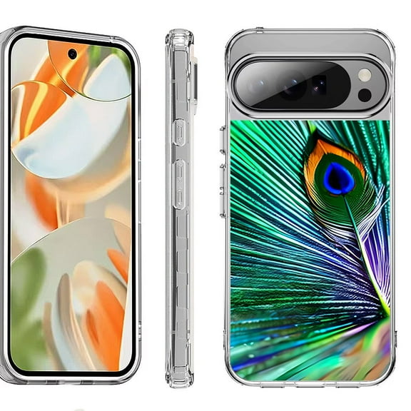 For Google Pixel 10 Pro XL Shockproof Protective Phone Case, by OneToughShield - Peacock Feather