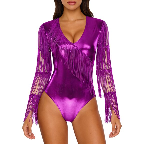 Haitryli Jazz Latin Dance Leotards For Women Body Suit Shiny Metallic V-neck Mesh Long-sleeve Unitard Purple XXL