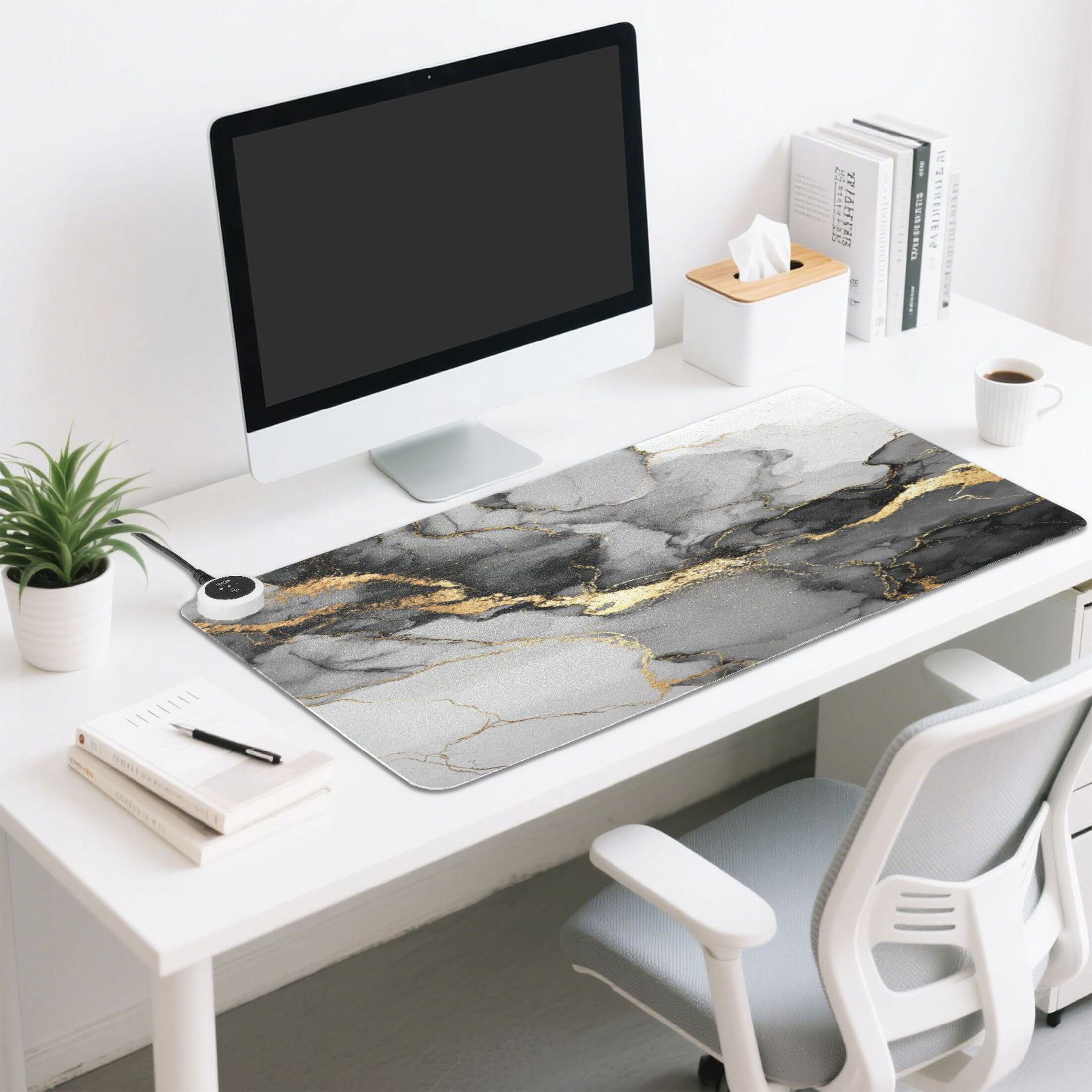 Large Heated Desk Mat Mouse Pad 31.5"x13"PU Leather Graphene Heating Desk Warmer with 3 Temperature Settings 110V US Plug Non-Slip Warm Pad for Home, Office, and Gaming Premium Fluid Art Background
