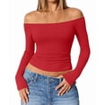 thumbnail image 3 of Womens Long Sleeve Off the Shoulder Tops Going Out Cute Basic Y2K Fall Fashion 2026 Outfits Clothes Red S, 3 of 9