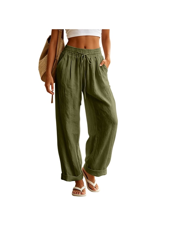 Cotton Linen Pants Women Drawstring Waist Summer Palazzo Pants Flowy Wide Leg Beach Trousers with Pockets