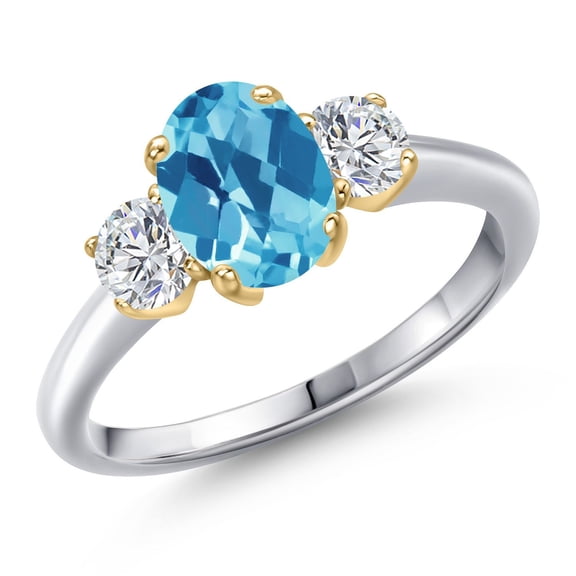 Gem Stone King 10K Two Tone Gold Swiss Blue Topaz and Lab Grown Diamond Engagement Ring for Women | 1.84 Cttw | Oval Checkerboard 8X6MM | Gemstone November Birthstone | Size 9
