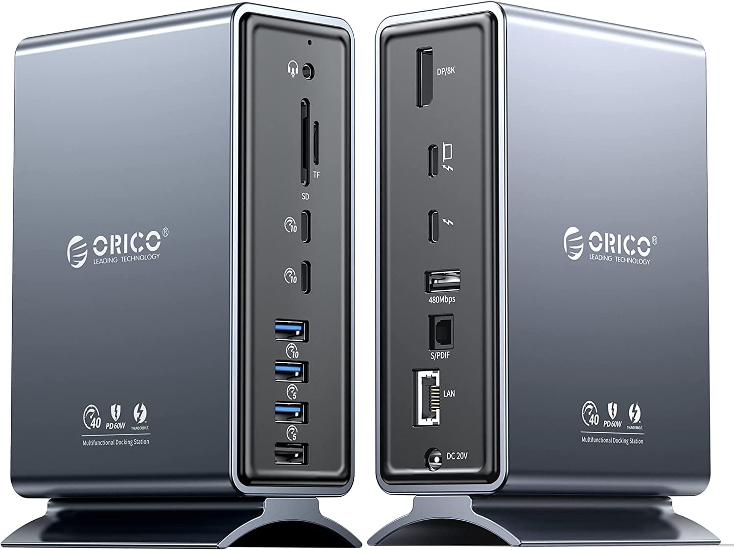 ORICO 15 in 1 USB C Docking Station Dual Monitor USB C Hub with Thunderbolt 3 Dock, Single 8K & Dual 4K Display, DP1.4, 3*USB 10G, Optical Out, SD/TF, Audio, RJ45 Docking Station for Macbook & Windows
