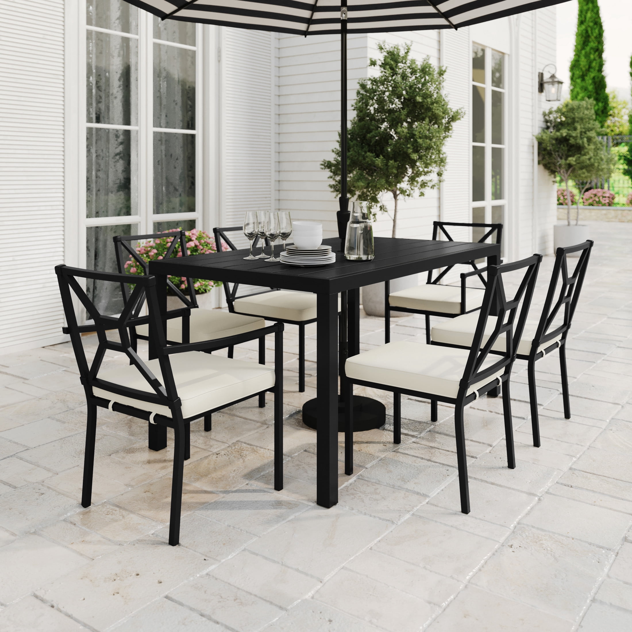 Martha Stewart Indoor-Outdoor Stackable Patio Side Dining Chair with Steel Frame in Black with Cream All-Weather Cushion