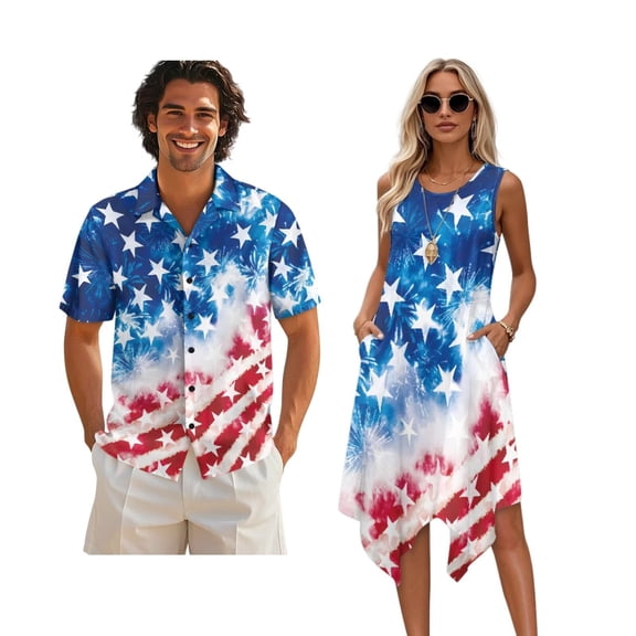 Whosucclay American Flag Firework Print Matching Hawaiian Outfits Men's Button Shirt Women's Summer Tank Dress Casual Loose Fit Midi, Holiday Matching Outfit for Beach Vacation Travel, S