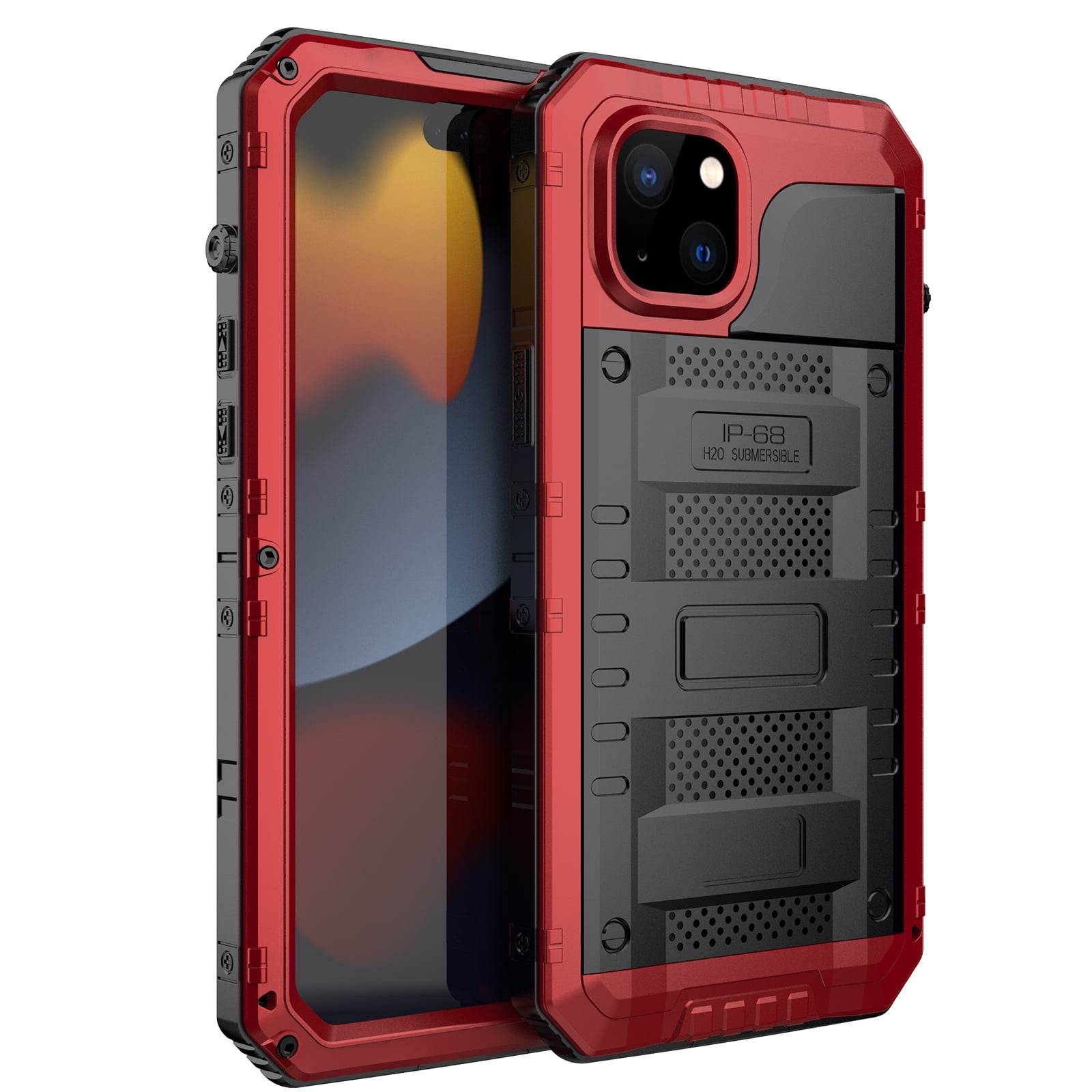 for iPhone 13 Case, Military Grade IP68 Waterproof Dustproof Shockproof Full Body Sealed Underwater Case with Built-in Screen Protector Heavy Duty Metal Rugged Defender Phone Case,Red