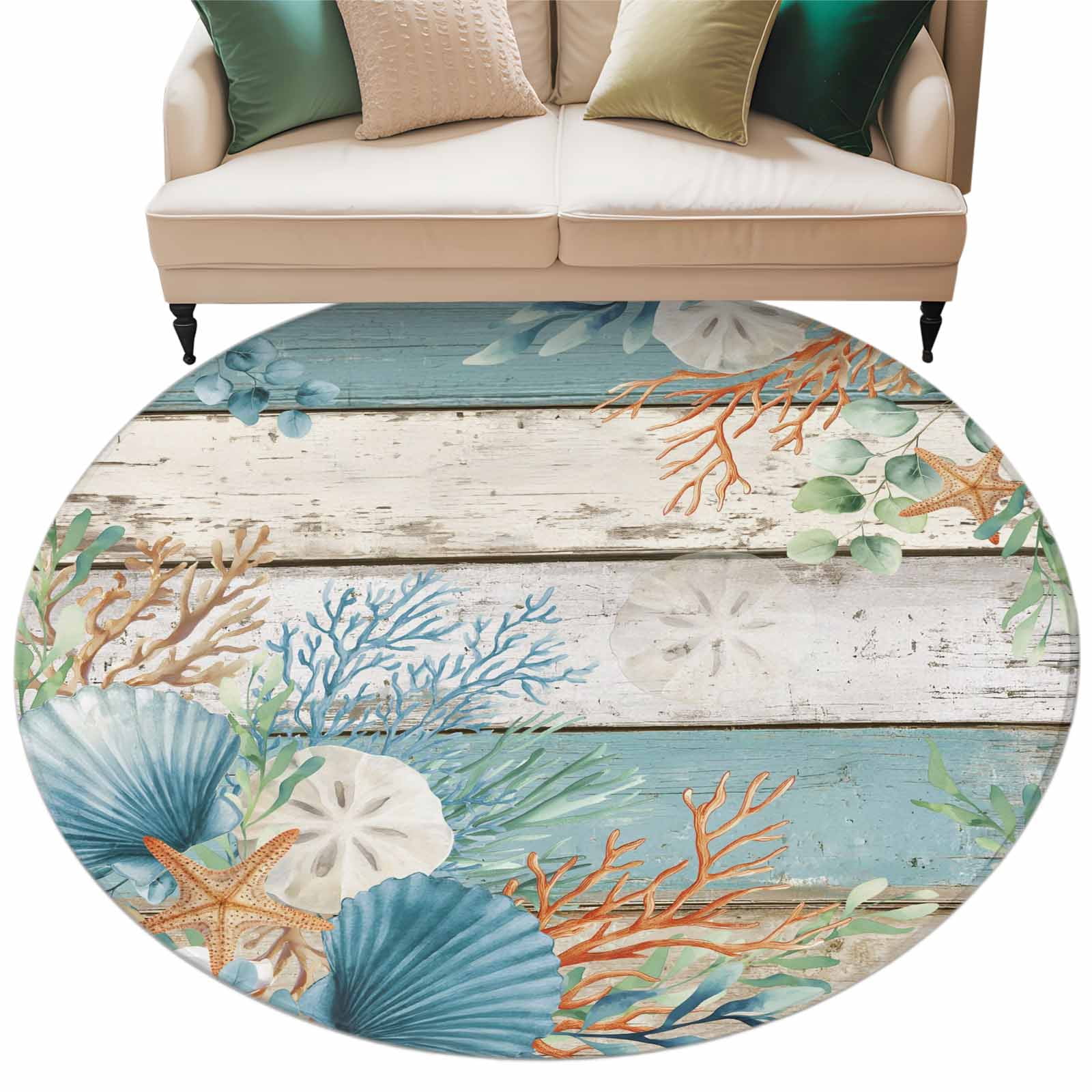 Round Area Rugs Collection 6 Ft, Teal Brown Beach Coastal Non-Slip Residential Carpet, Summer Nautical Coral Shell Botanical Vintage Indoor Crawling Mats Runner Rugs for Living Room/Bedroom