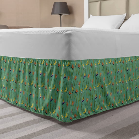 Exotic Bed Skirt, Bird of Paradise Blossoms Tropical Flowers Motif in Colorful Garden, Elastic Bedskirt Dust Ruffle Wrap Around for Bedding Decor, 4 Sizes, Turquoise Green and Purple, by Ambesonne