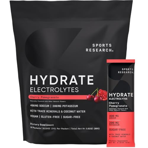 Paquetes de electrolitos hidratados en polvo Sports Research® - Sin azúcar y con sabor natural con vitaminas, minerales y agua de coco - Apoya la hidratación - 16 paquetes - Cereza y granada