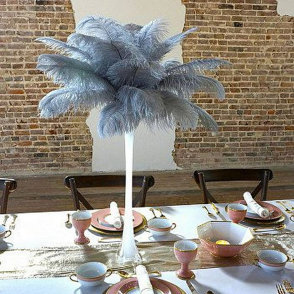 ZUCKER 24pcs 13-16" Ostrich Feather Centerpiece Set - 24" Eiffel Tower Vase Wedding Decorations White and Silver (Gray)