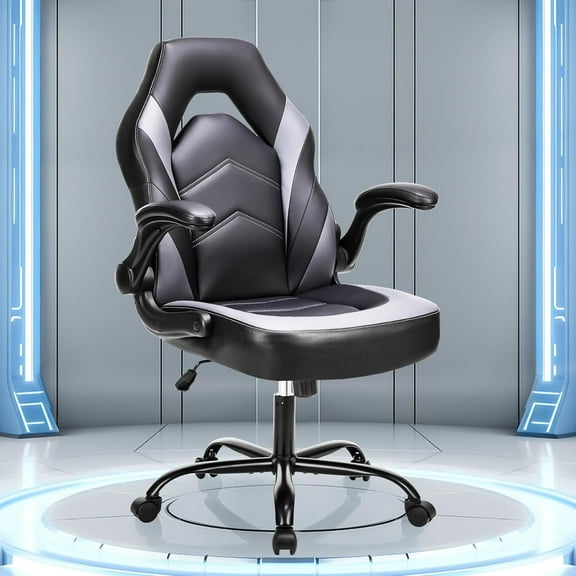 Big and Tall Office Desk Leather Gaming Computer Chair with Adjustable Swivel Task and Flip-up Arms for Adults, Teens, Grey