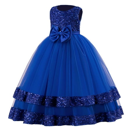 HXWCHs Mesh Dress Sparkling Girls formal Evening Gown with Elegant Bow Detail Long Sleeve Pageant Dress for 11-12 Years Blue