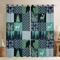 Homewish Safari Deer Bear Black Out Curtains for Female Men Adults,Jungle Animal Curtains Pack of 2 (42x63 Each),Green Plaid Checkered Bedroom Curtains,Lightweight Room Decor