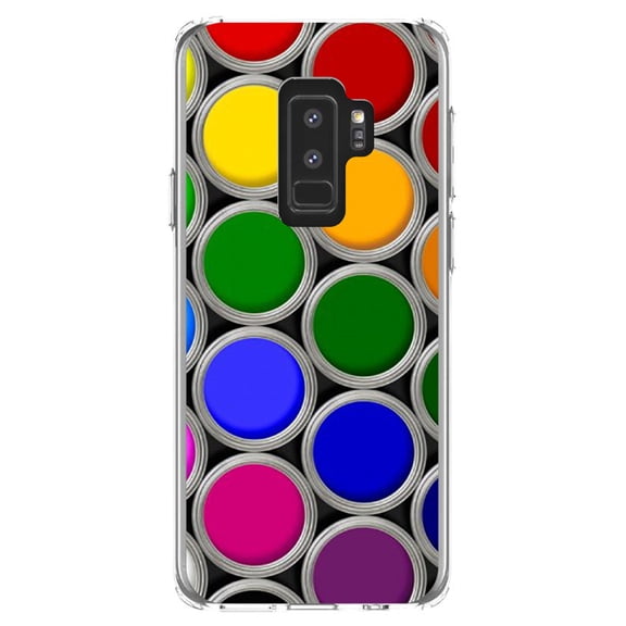 DistinctInk Clear Shockproof Hybrid Case for Samsung Galaxy S9  PLUS (6.2" Screen) - TPU Bumper, Acrylic Back, Tempered Glass Screen Protector - Rainbow Paint Cans - Rainbow Art Supplies