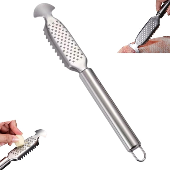 2-in-1 Stainless Steel Fish Scaler, Fish Scales Scraping Tool, Ginger Grater, 9 Inch Stainless Steel Fish Scaler, Professional Grade Fish Scale Remover Tool with Non-slip Handle