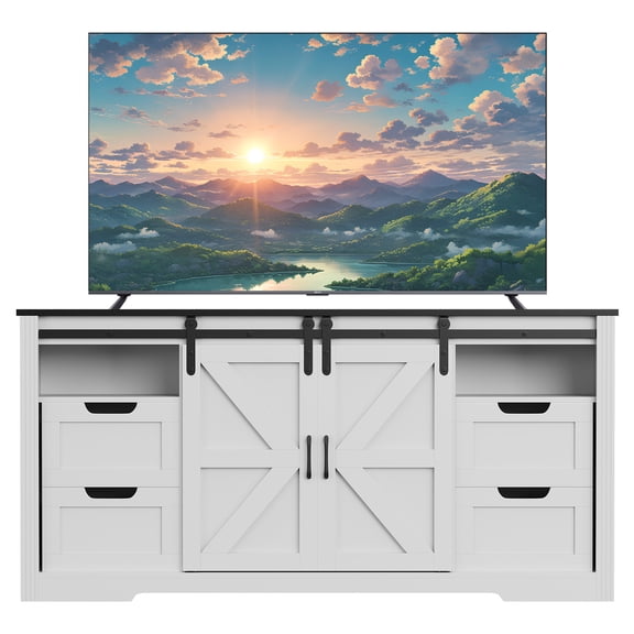 Farmhouse TV Stand for up to 70 Inch TV - Rustic Walnut Entertainment Center with Sliding Barn Doors, 4 Drawers, Adjustable Shelf, Cable Management - Engineered Wood for Living Room