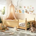 thumbnail image 3 of Bellemave Montessori Twin Floor Bed with Bookshelf, Solid Wood Kids Twin Size Bed Frame with Rail and Slats, No Box Spring Needed (Natural), 3 of 8