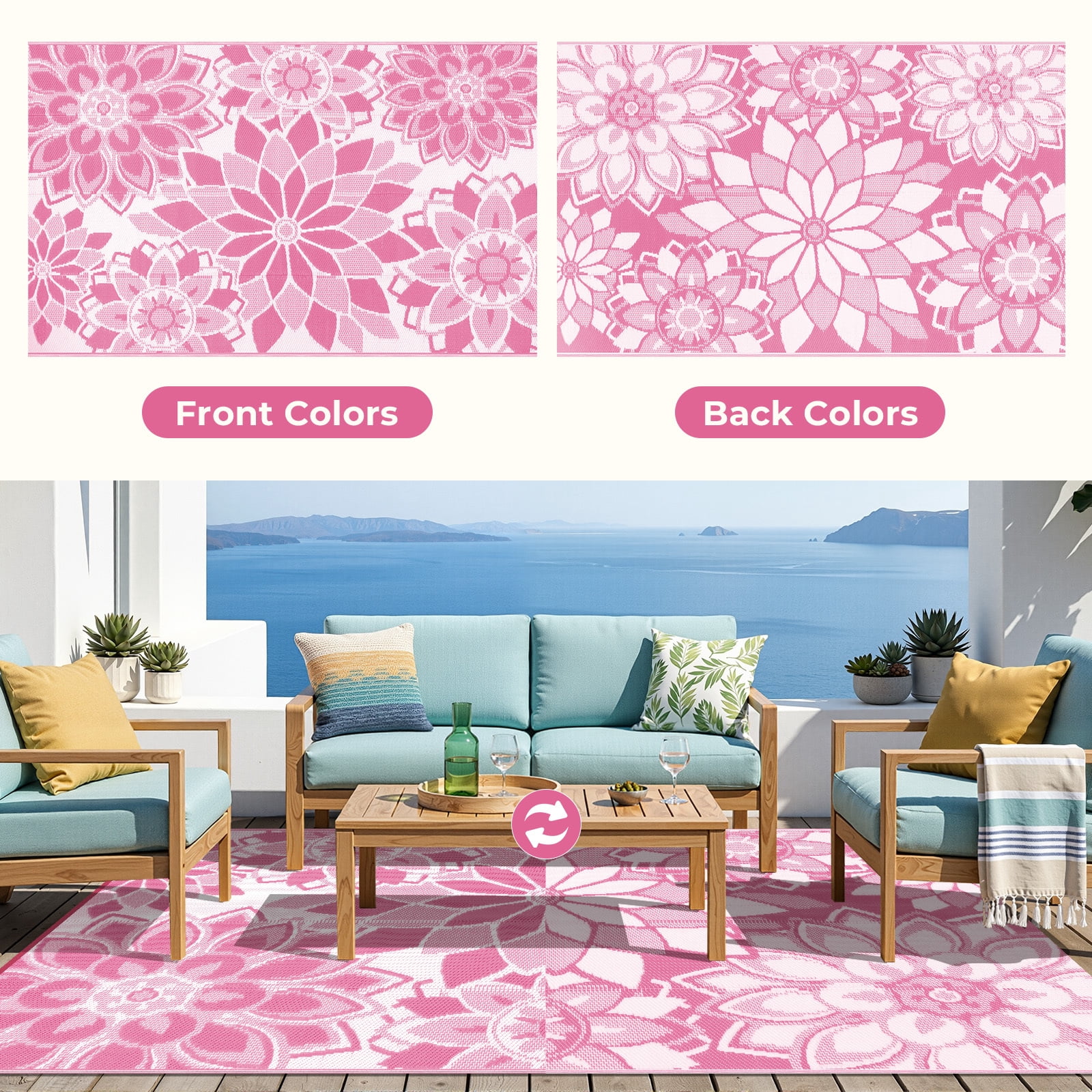 Findosom Outdoor Rug 6'x9' Reversible Waterproof Outdoor Patio Rug Mat Plastic Straw Rug Outdoor Area Rug Patio Camping Rug for RV Picnic Balcony Backyard Beach Outdoor Decor,Pink