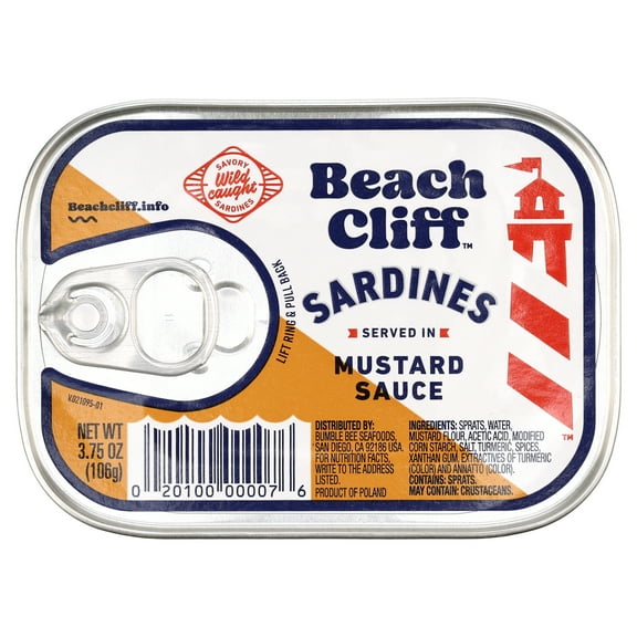 Beach Cliff Wild Caught Sardines in Mustard Sauce, Gluten Free, 18g Protein Per Serving, Shelf Stable Tin Can, 3.75 oz