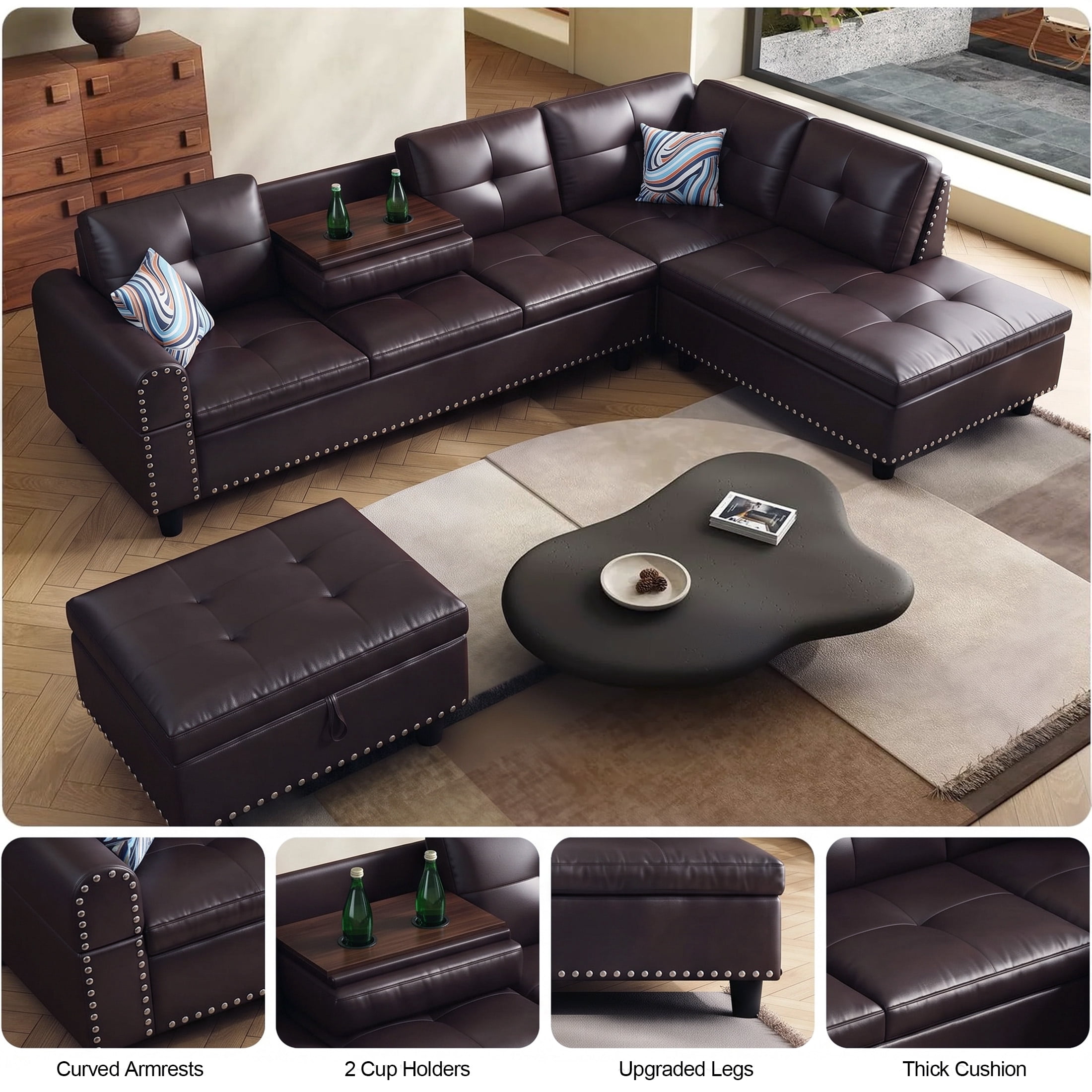 AENKYO 98" L-Shaped Sectional Sofa with Reversible Chaise, Storage Ottoman & Cup Holders, Faux Leather, Brown