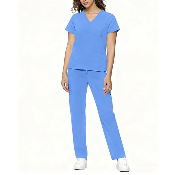 Scrubs Set for Women Nurse Uniform V-Neck Tops and Drawstring Jogger Pants with Pocket Nurse Workwear Light Blue M