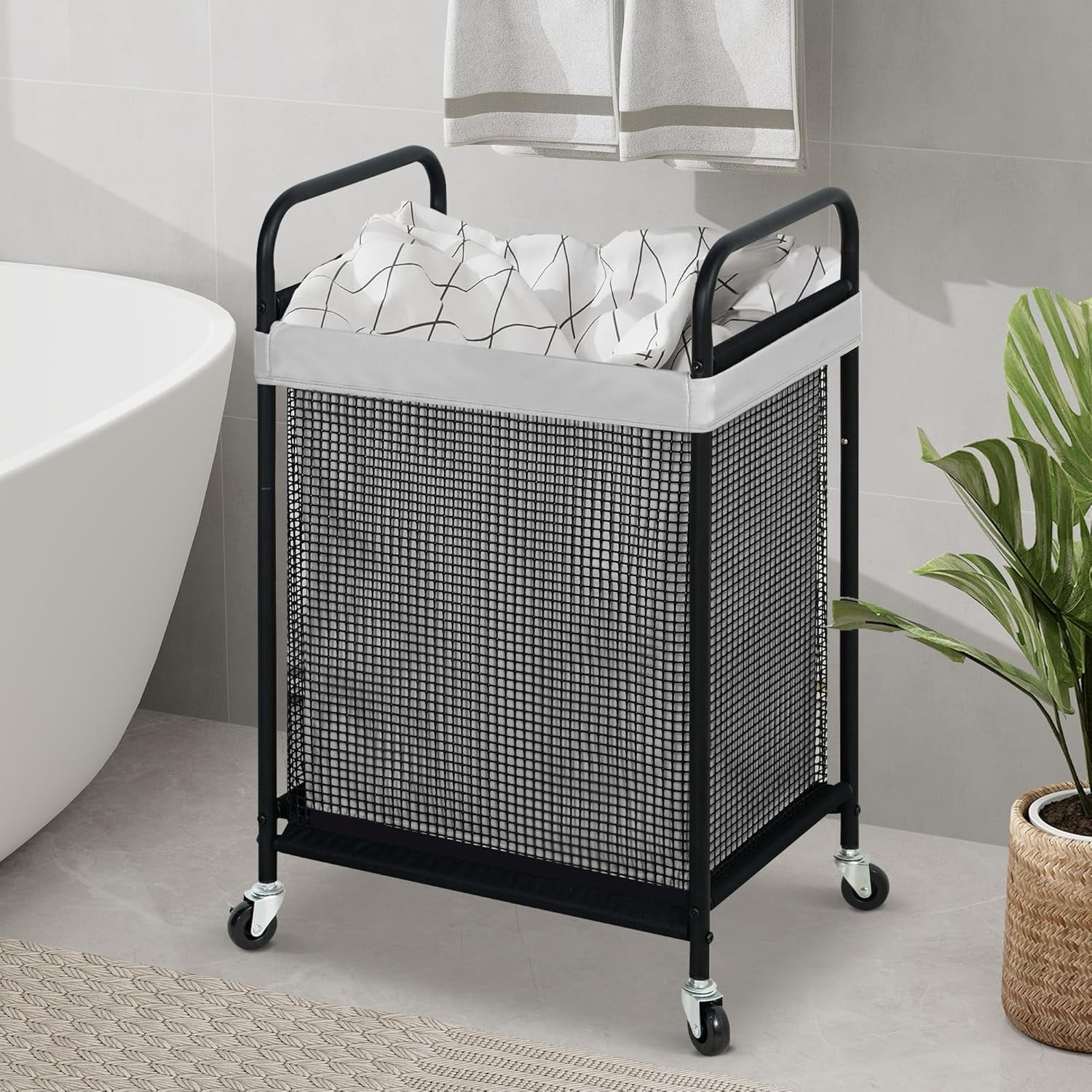 Laundry Hamper, 90L Rolling Laundry Sorter Cart with Removable and Washable Liner Bag, Clothes Hamper with Wheels and Metal Handle for Laundry Room and Bedroom, Gray