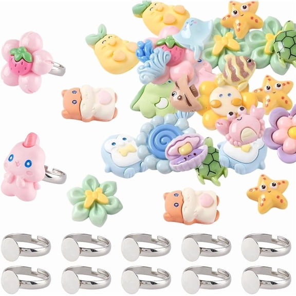 30 Sets Resin Blank Rings Cabochon Ring Kit Ajustable Cute Lovely Animal Sea Ocean Flower Shape Dress Up Bezel Tray Cabochon for Jewelry Making Set Birthday Party Holiday DIY Supplies Women