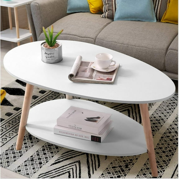AOJDVE Coffee Table-Oval Wood Table with Open Shelving for Storage and Display 2 Tier Sofa Table, Small Modern Furniture Living Room&Home Office-White