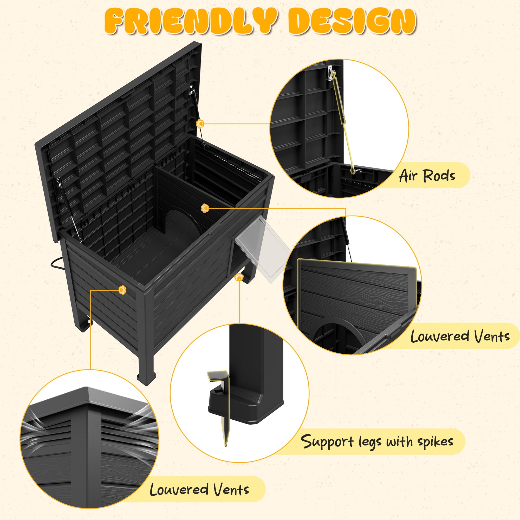 LHBcraft Outdoor Cat House,Weatherproof Insulated Cat Shelter for Outdoor Indoor Cats with Raised Floor,Outside Feral Cat House with Heating Pad for Winter, Secure Escape Doors for Cats, Black