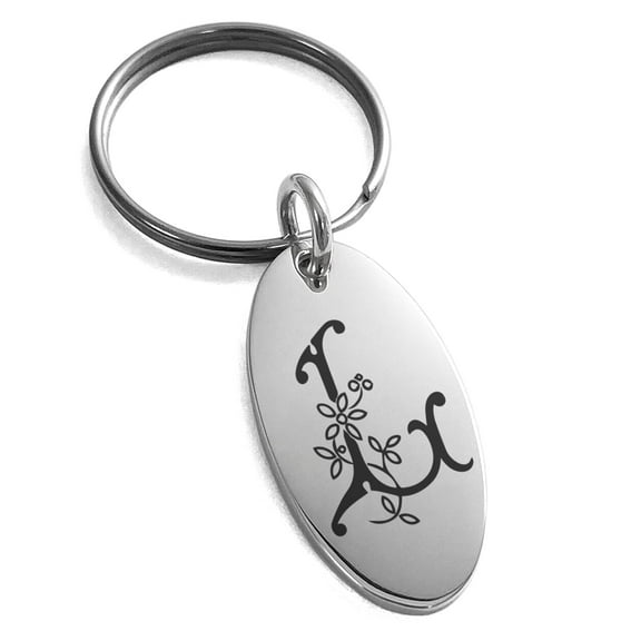 Tioneer Stainless Steel Letter L Initial Floral Monogram Engraved Small Oval Charm Keychain Keyring