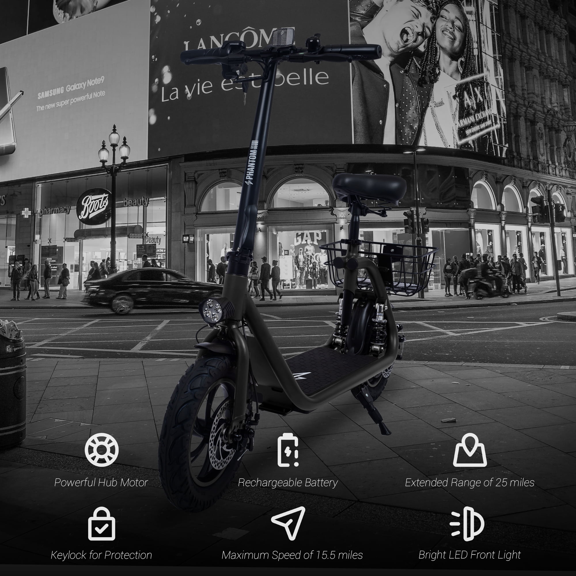 Phantomgogo Commuter R1 - Electric Scooter for Adults - Foldable Scooter with Seat & Carry Basket - 450W Brushless Motor 36V - 15MPH 265lbs Max Load E Mopeds for Adults (Pro-Black)