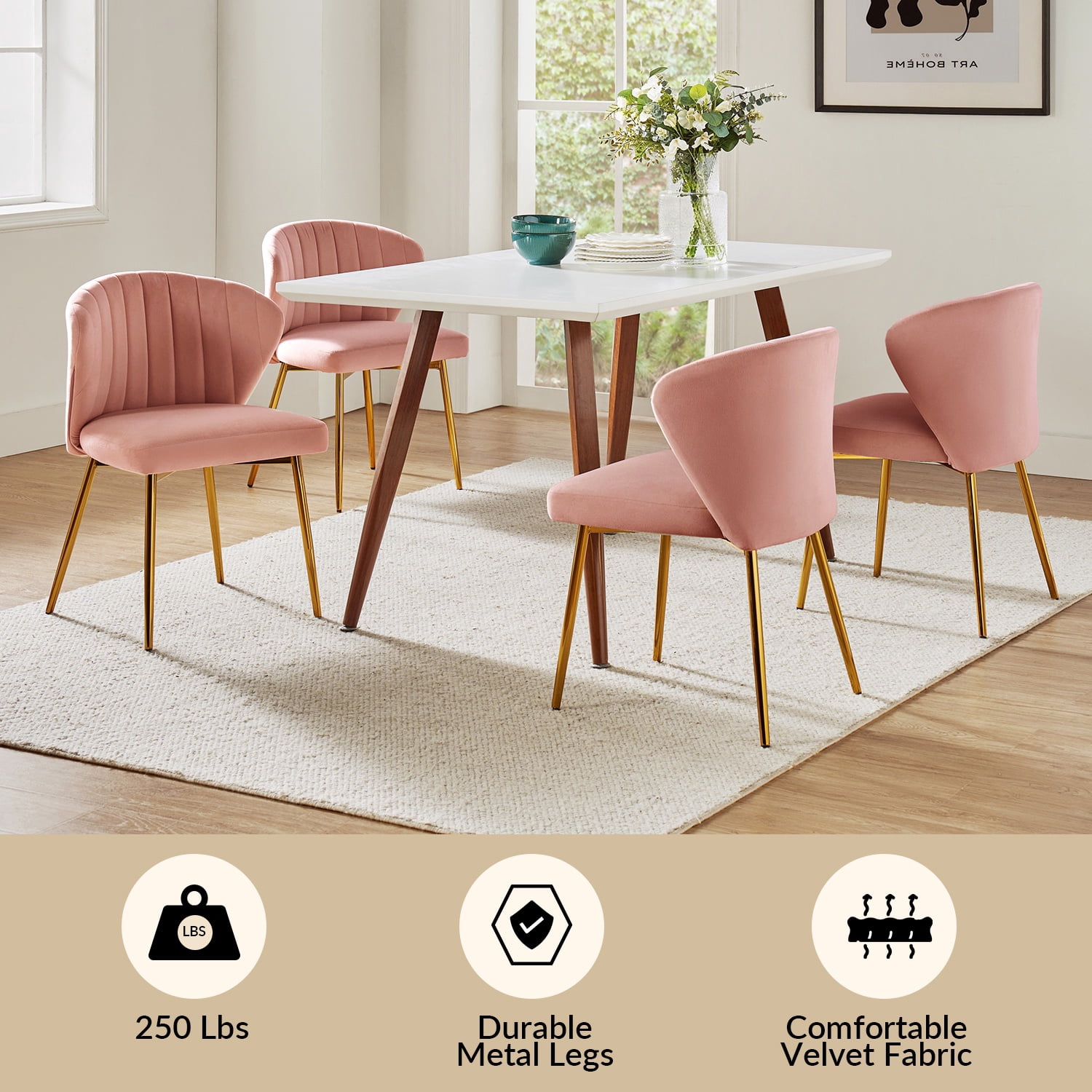 Tina's Home Velvet Dining Chairs Set of 4 Wingback Upholstered Accent Side Chairs Metal Legs Home Living Room Kitchen Pink